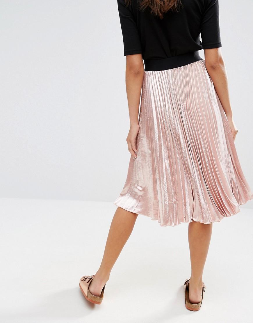 Lyst - New Look Satin Pleat Midi Skirt in Pink