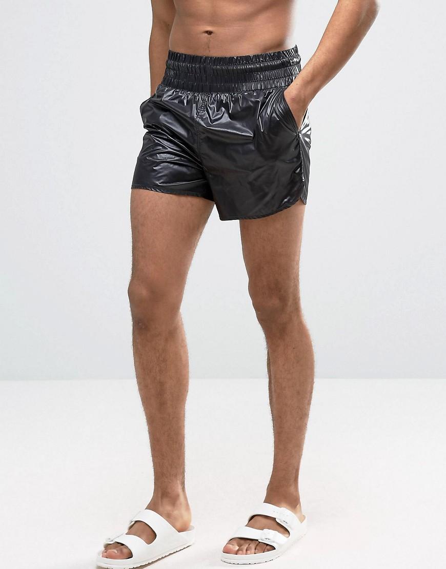 Asos Runner Swim Shorts In Black Wet Look Fabric With Deep Waistband in ...