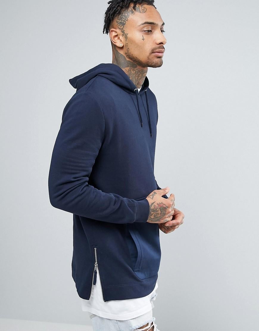 Asos Longline Hoodie With Woven Pocket & Zips in Blue for Men | Lyst