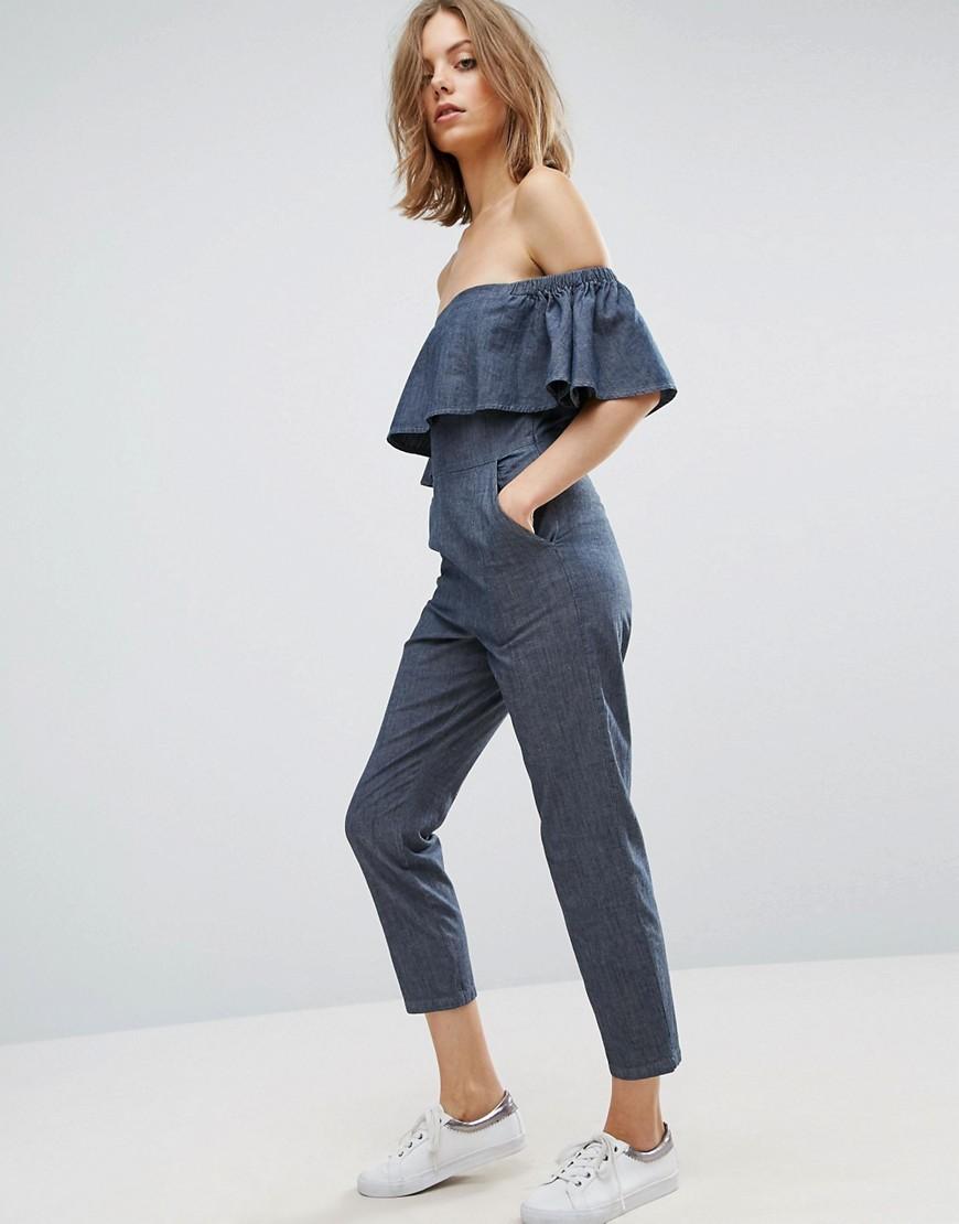 asos denim shoulder jumpsuit with ruffle detail in blue lyst asos denim shoulder jumpsuit with ruffle detail in blue lyst