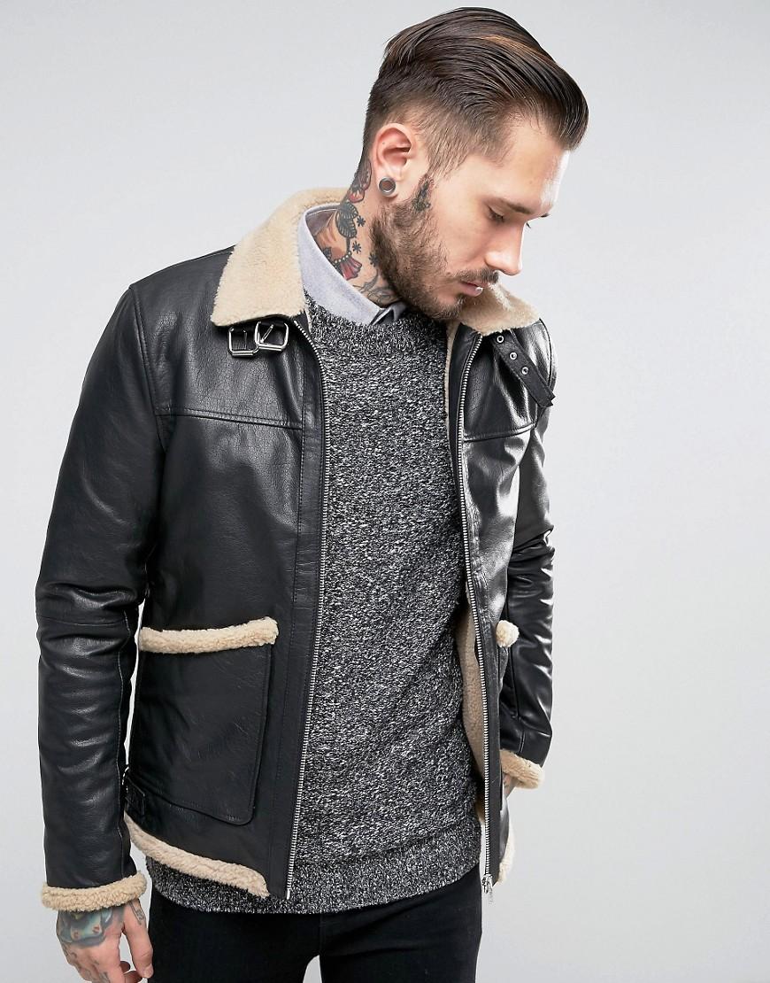 Asos Fleece Lined Leather Jacket In Black For Men Lyst Asos Men S Fleece Lined Leather Jacket