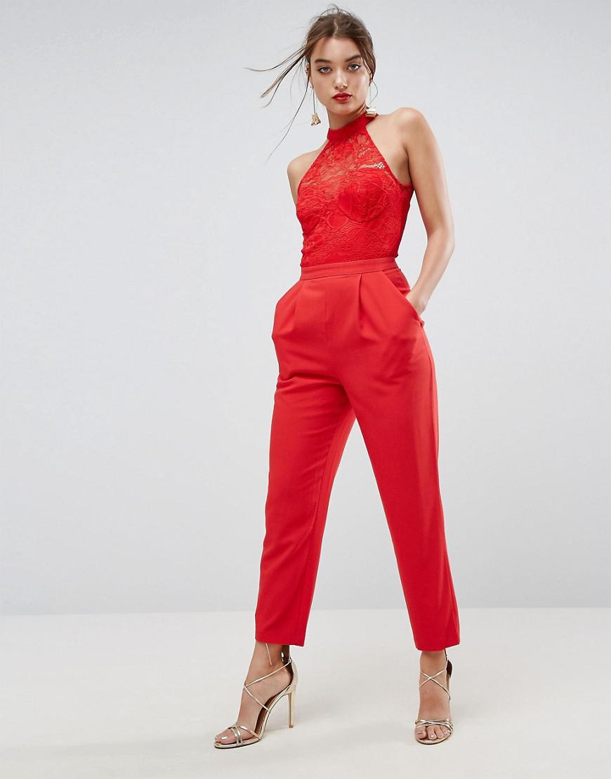 Lyst - Asos Lace Top Jumpsuit With Halter Neck in Red