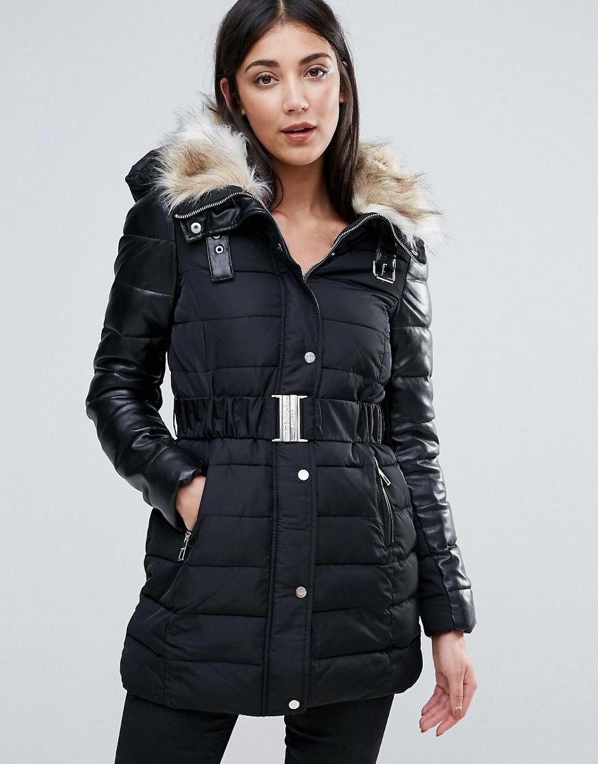 Lyst - Lipsy Quilted Belted Parka With Faux Fur Hood in Black