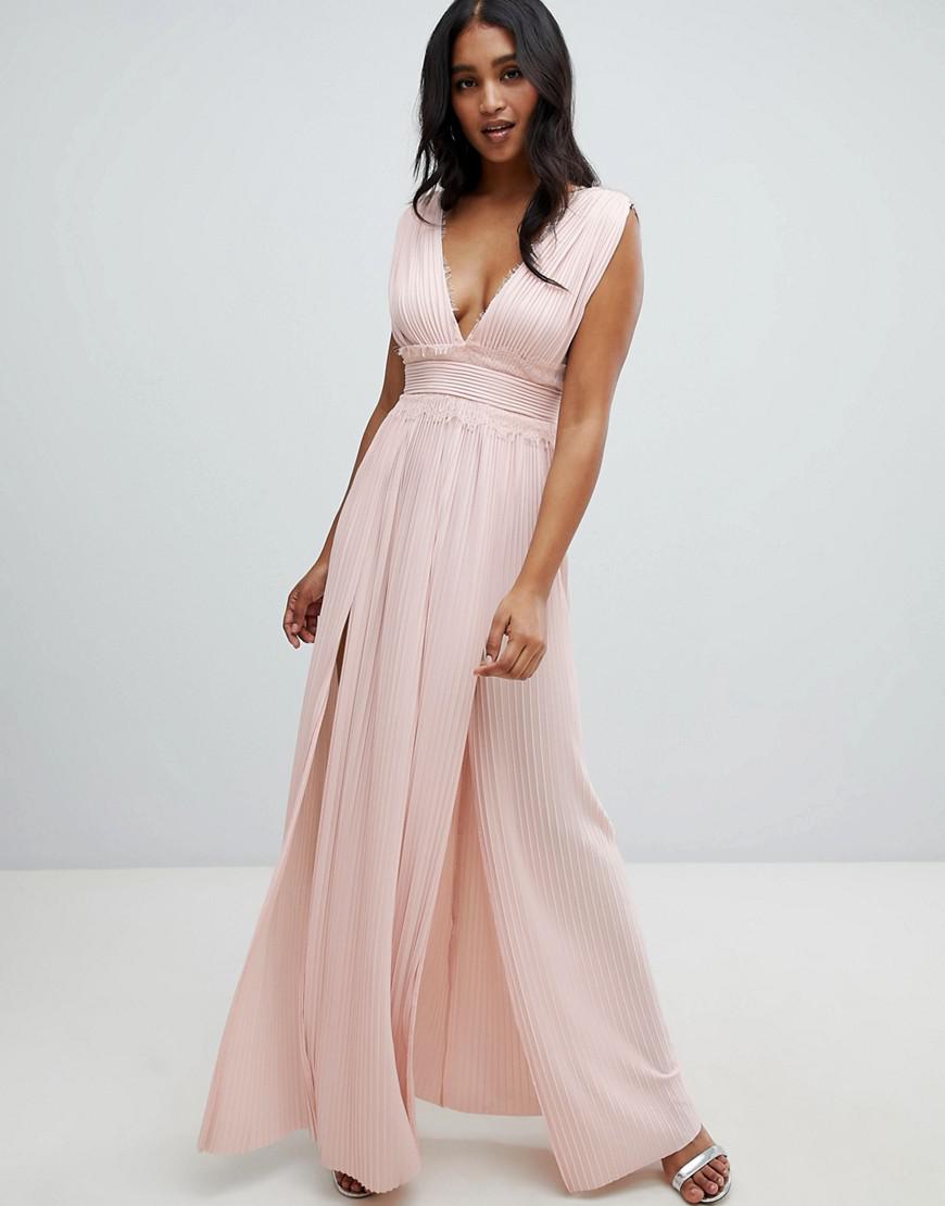Lyst - Asos Premium Lace Insert Pleated Maxi Dress in Pink