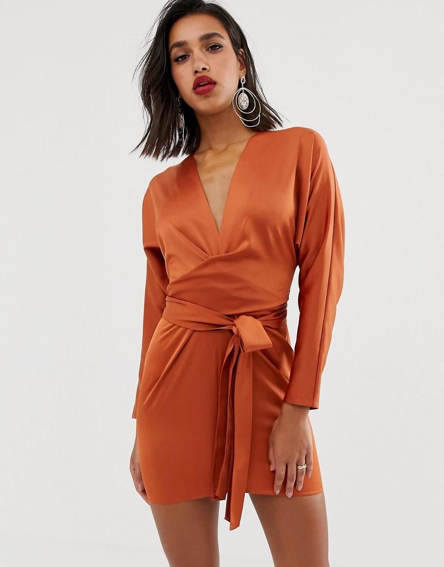 ASOS Mini Dress With Batwing Sleeve And Wrap Waist In Satin in White - Lyst