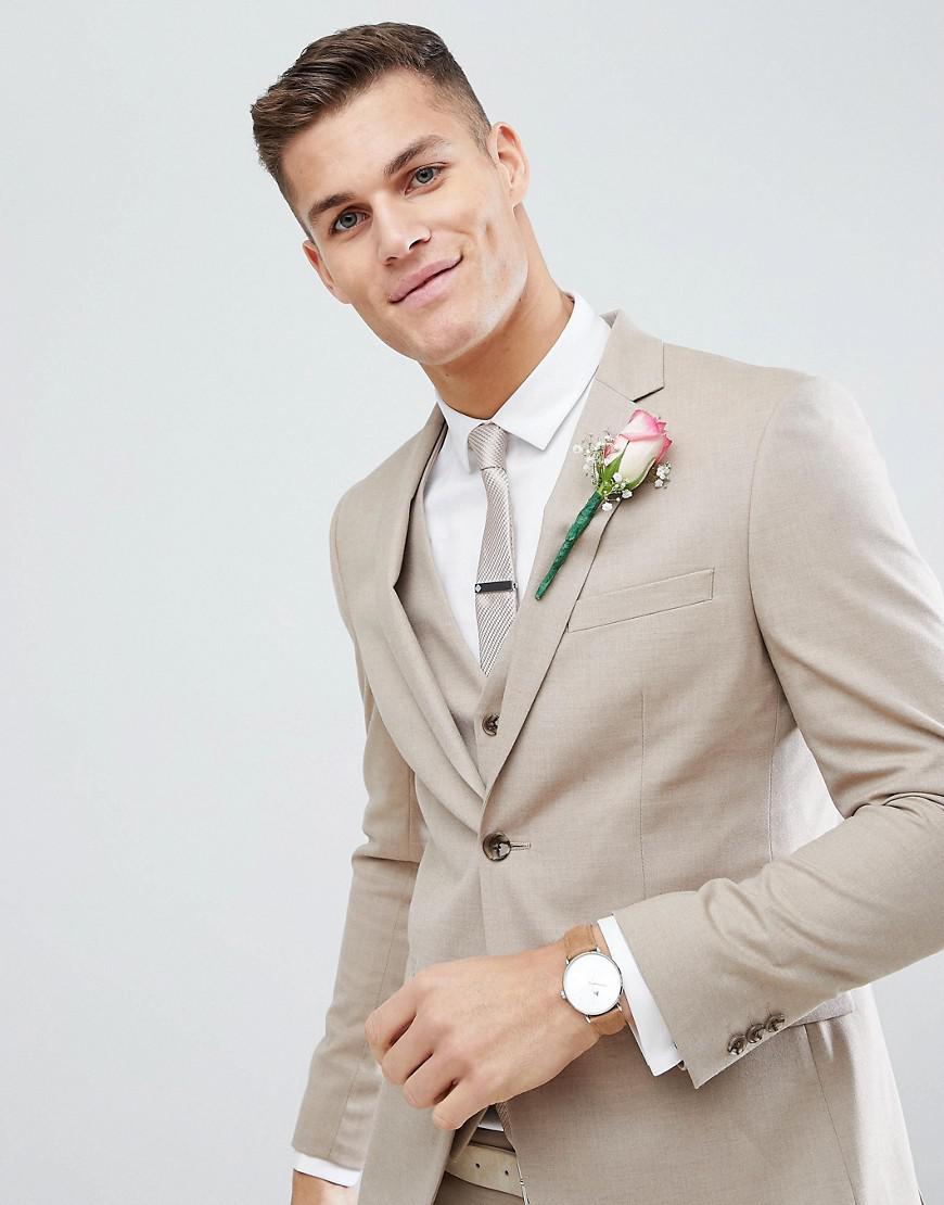 Lyst Moss Bros London Skinny Wedding Suit Jacket In Latte For Men Gallery