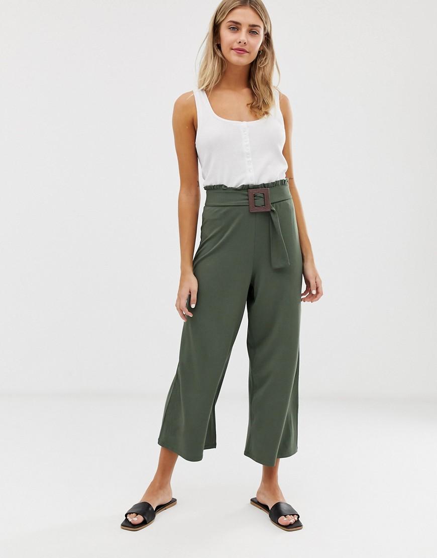Lyst - ASOS Cropped Wide Leg Trousers With Textured Buckle in Green