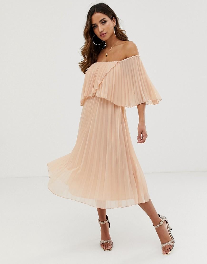 Asos Pleated Bandeau Midi Dress With Double Layer In Natural Lyst