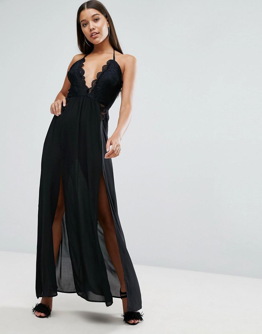 Naanaa Maxi Dress With Double Thigh Split And Lace Trim in Black ...