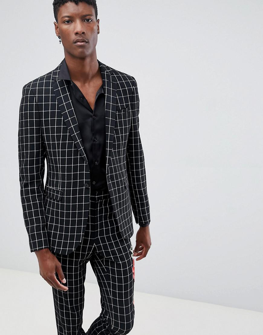 Men\u0027s Skinny Suit Jacket In Black And White Check With Embroidery