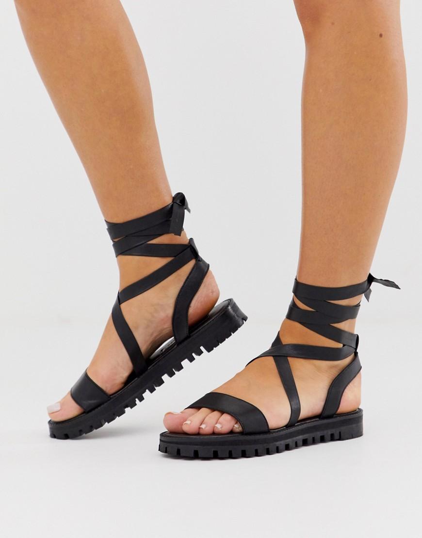 Lyst - ASOS Wide Fit Faster Leather Chunky Tie Leg Sandals in Black