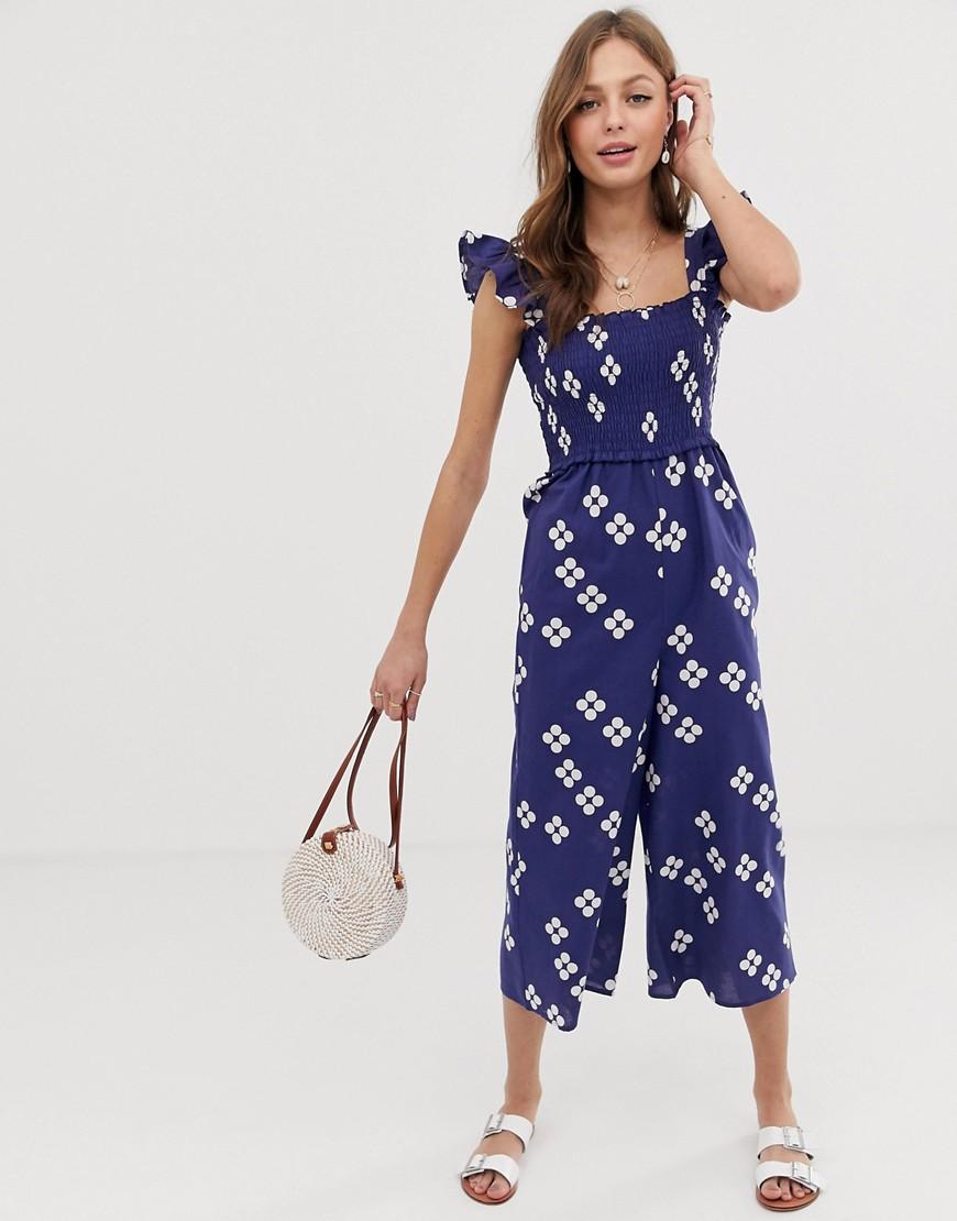Lyst - ASOS Shirred Frill Sleeve Jumpsuit In Spot Print in Blue