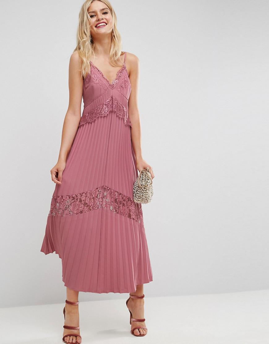 Lyst - Asos Pleated Maxi Dress With Lace Inserts in Pink