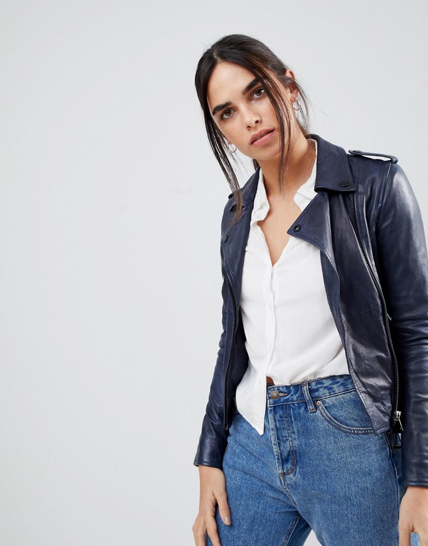 Barney S Originals Coloured Leather Biker Jacket In Blue Lyst Barneys Originals Women S Blue Coloured Leather Biker Jacket