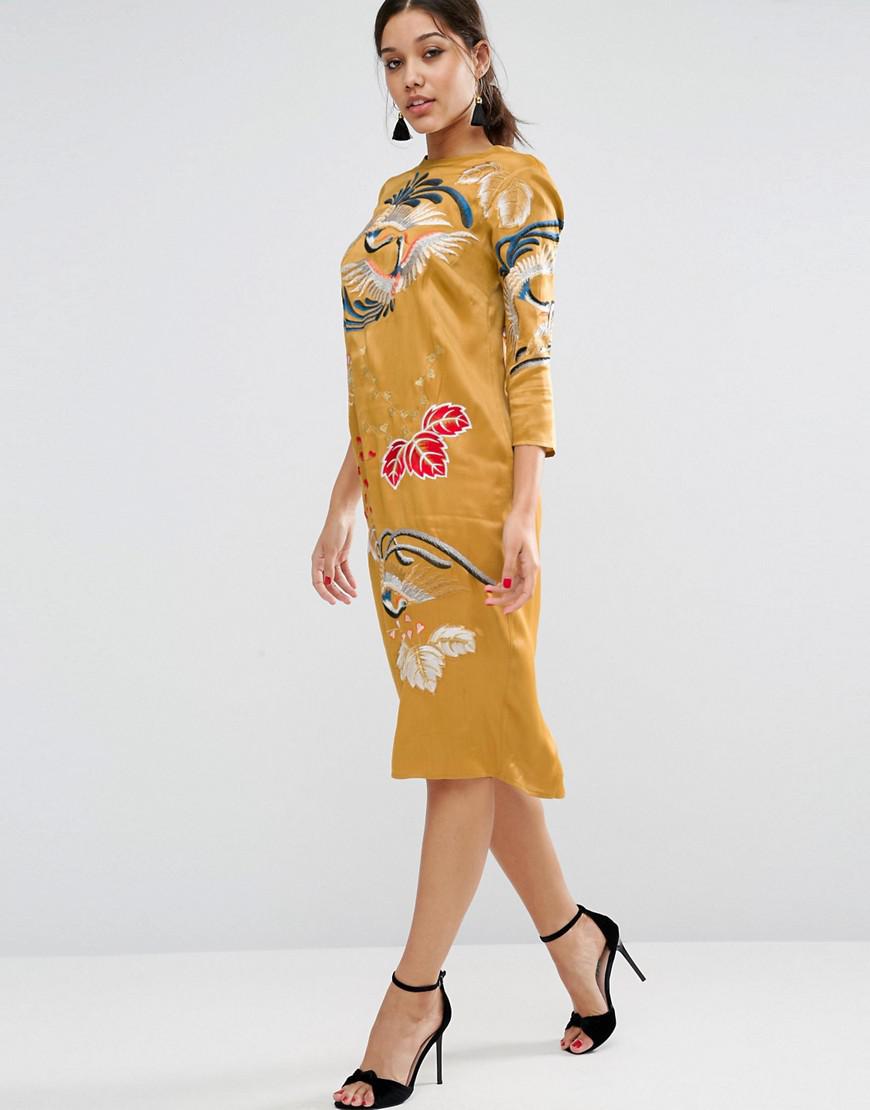 Lyst - Asos Mustard Embroidered Long Sleeve Shift Dress in Yellow