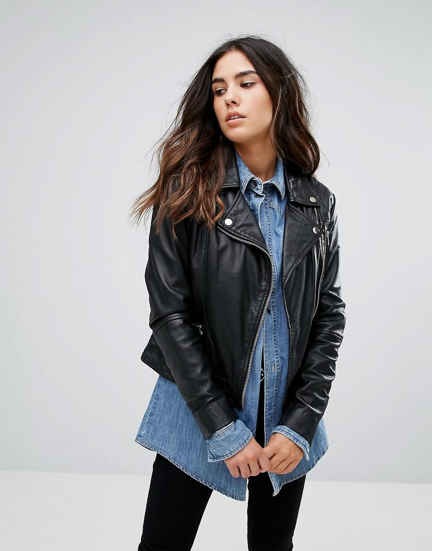 barneys originals full zip leather biker jacket in black