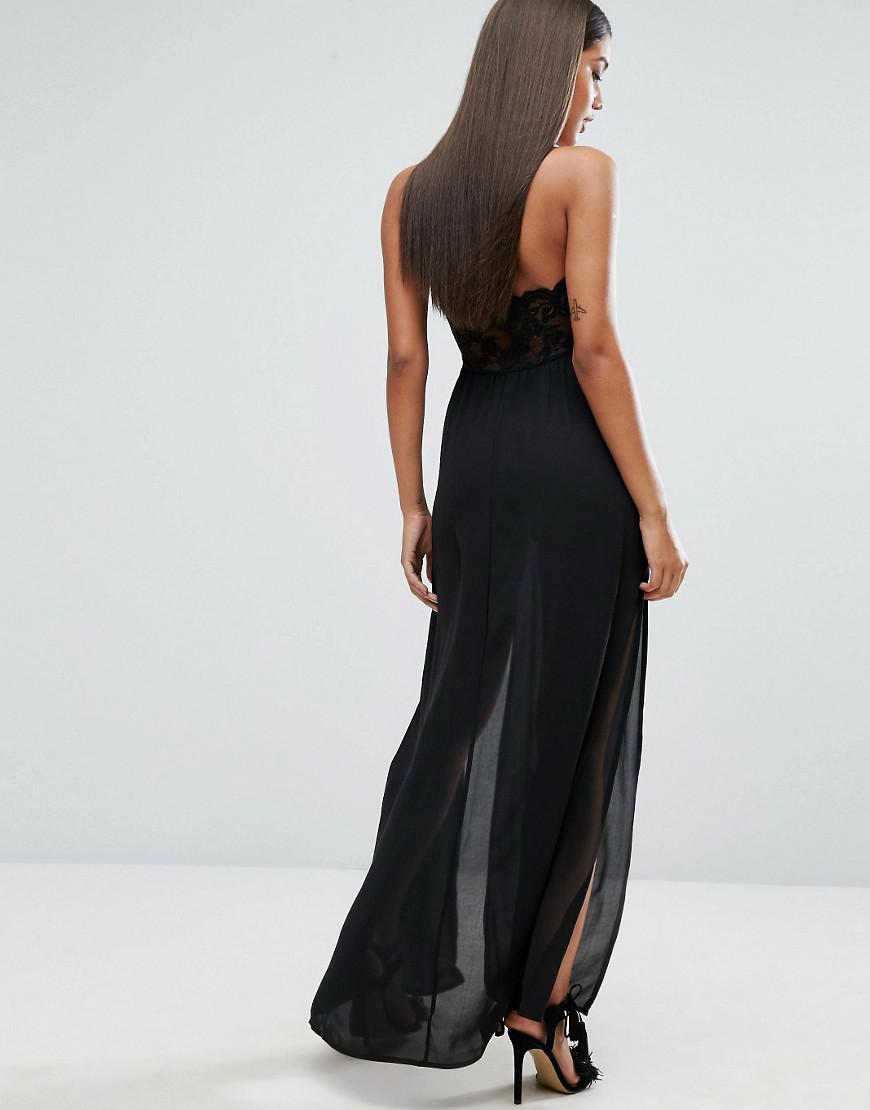 Naanaa Maxi Dress With Double Thigh Split And Lace Trim in Black ...