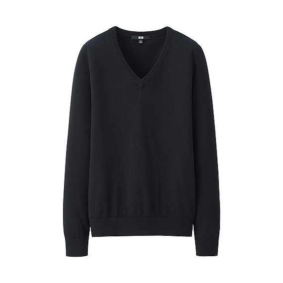 Uniqlo Women Cotton Cashmere V Neck Sweater in Black | Lyst