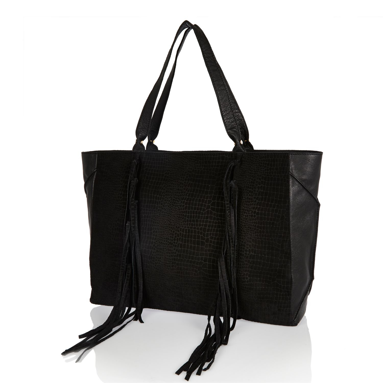 River Island Black Suede Tassel Side Tote Handbag in Black - Lyst