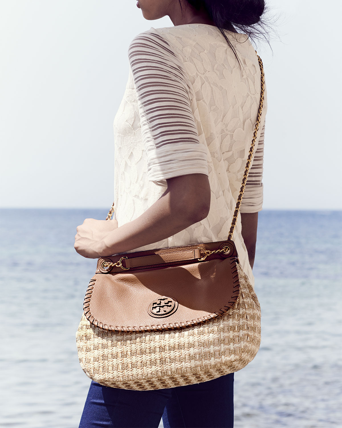 Lyst Tory Burch Marion Woven Straw Saddle Bag in Metallic