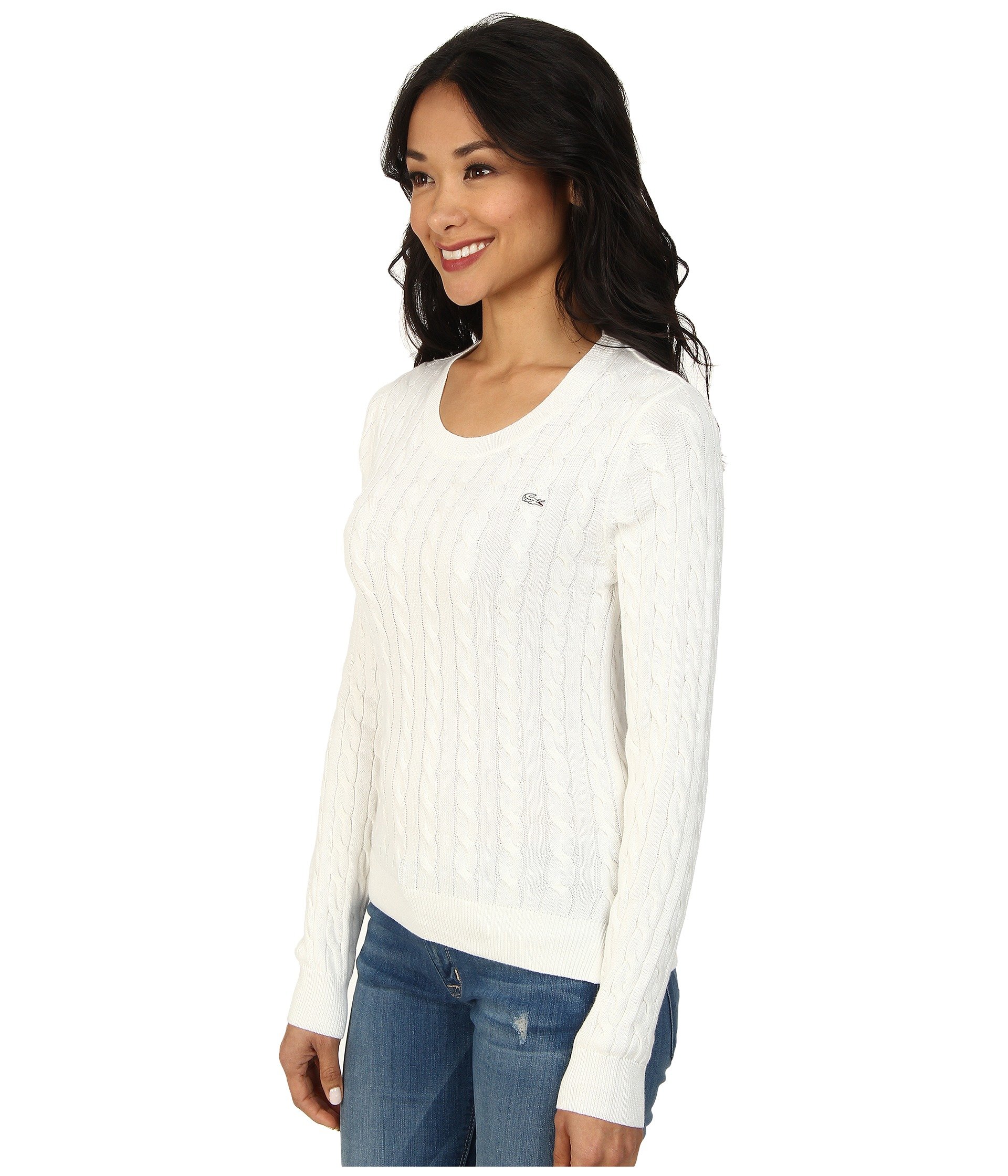Lacoste Long Sleeve Cotton Cable Knit Sweater in White | Lyst