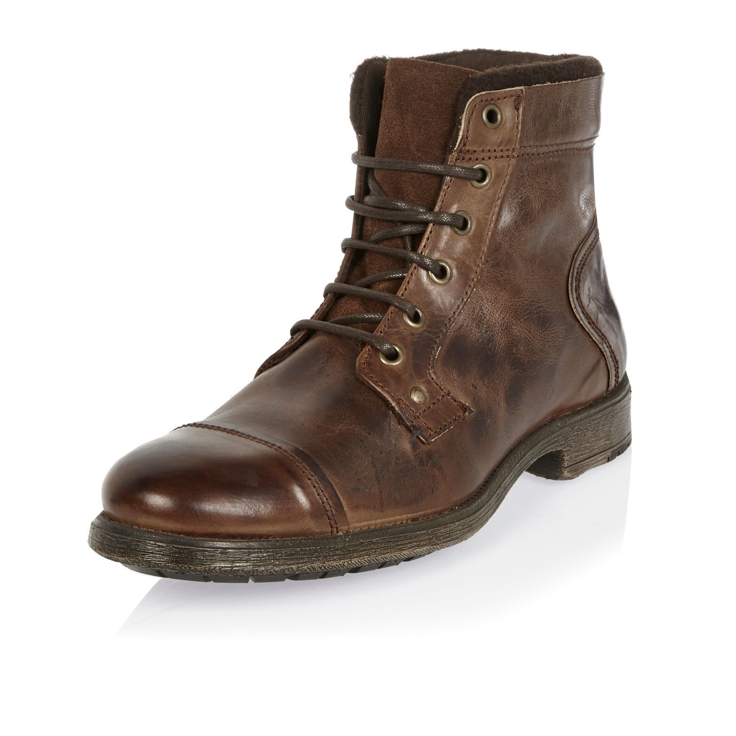 Lyst - River Island Dark Brown Leather Utility Boots in Brown for Men