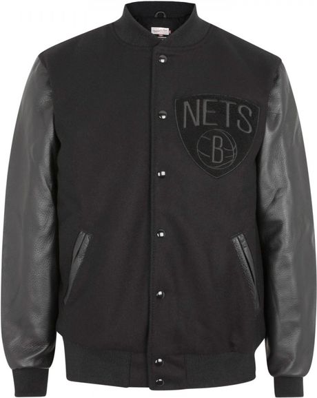 Mitchell & Ness Brooklyn Nets Leather and Wool Varsity Jacket in Black ...