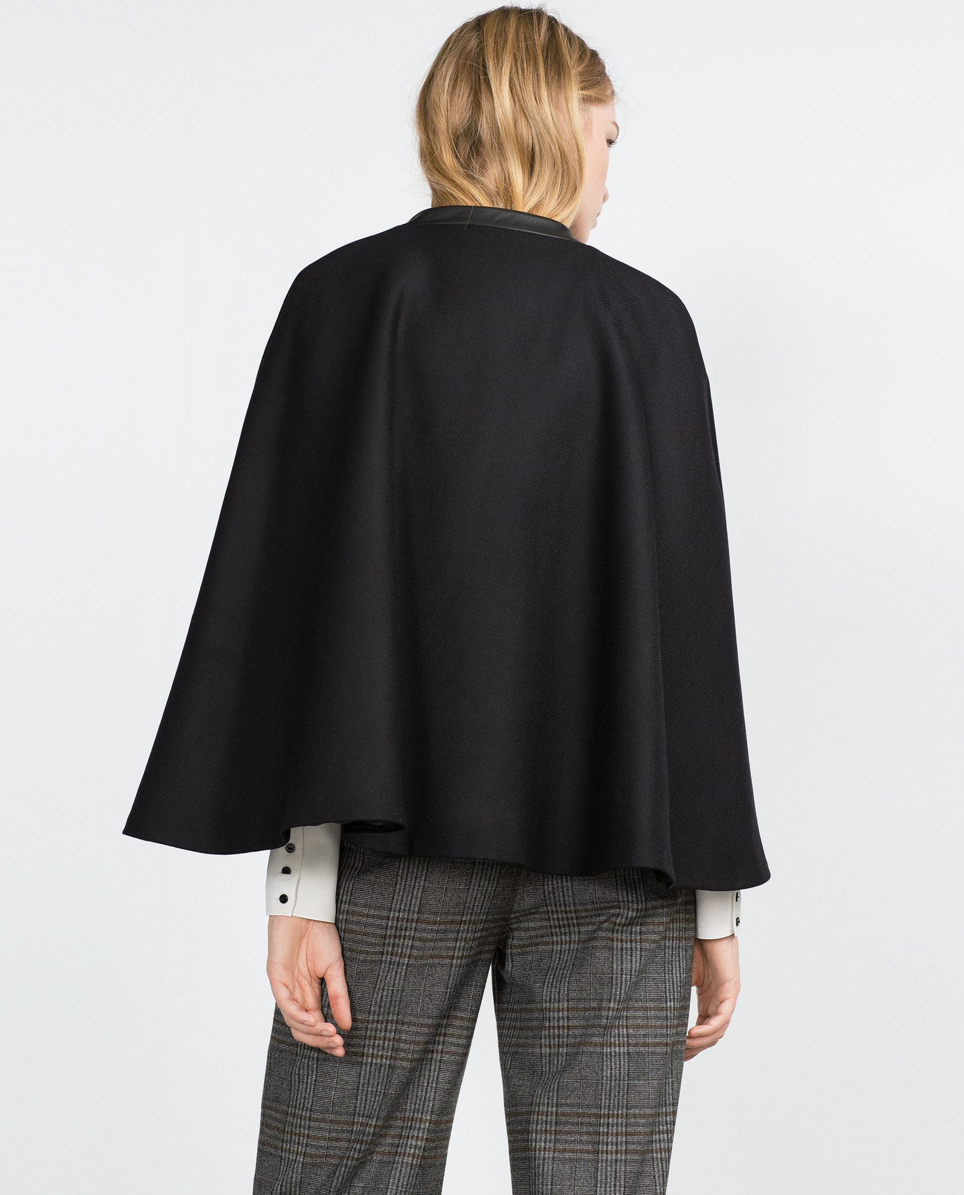 Zara Short Cape With Faux Leather Detail in Black | Lyst