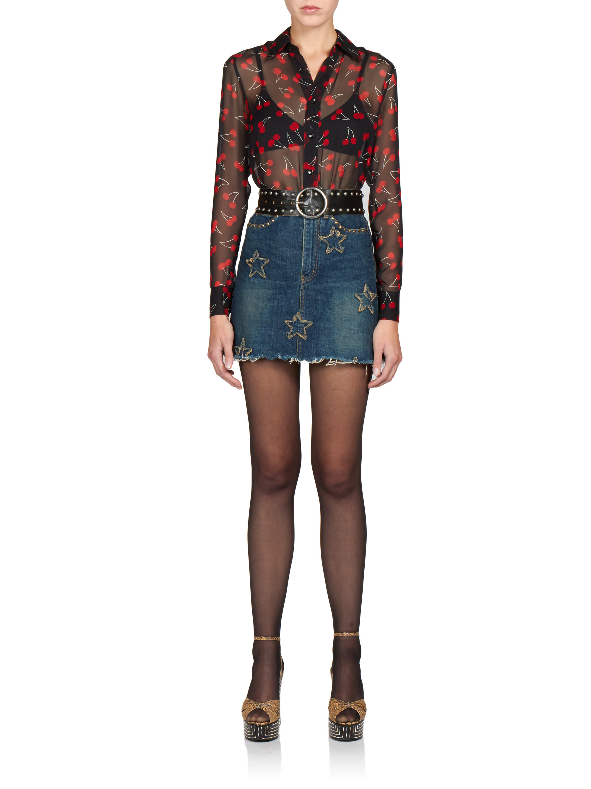 Lyst Saint Laurent Star Applique Denim Skirt In Blue 4537