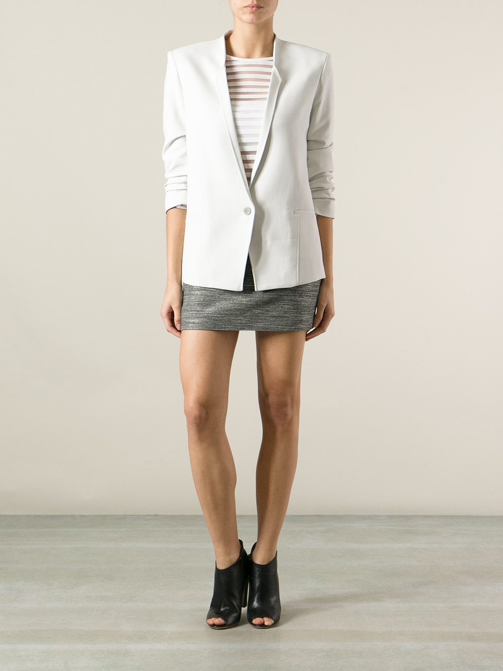 white blazer with ruched sleeves