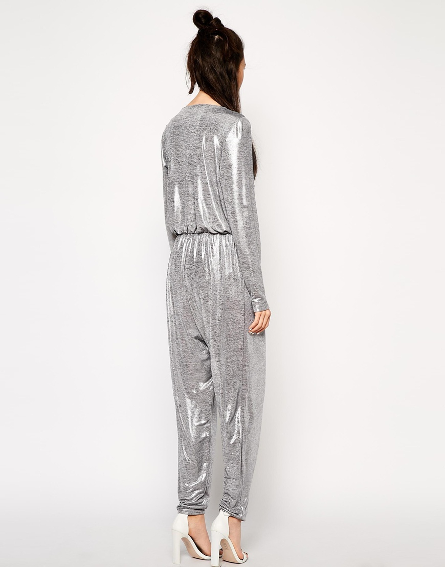 metallic silver jumpsuit