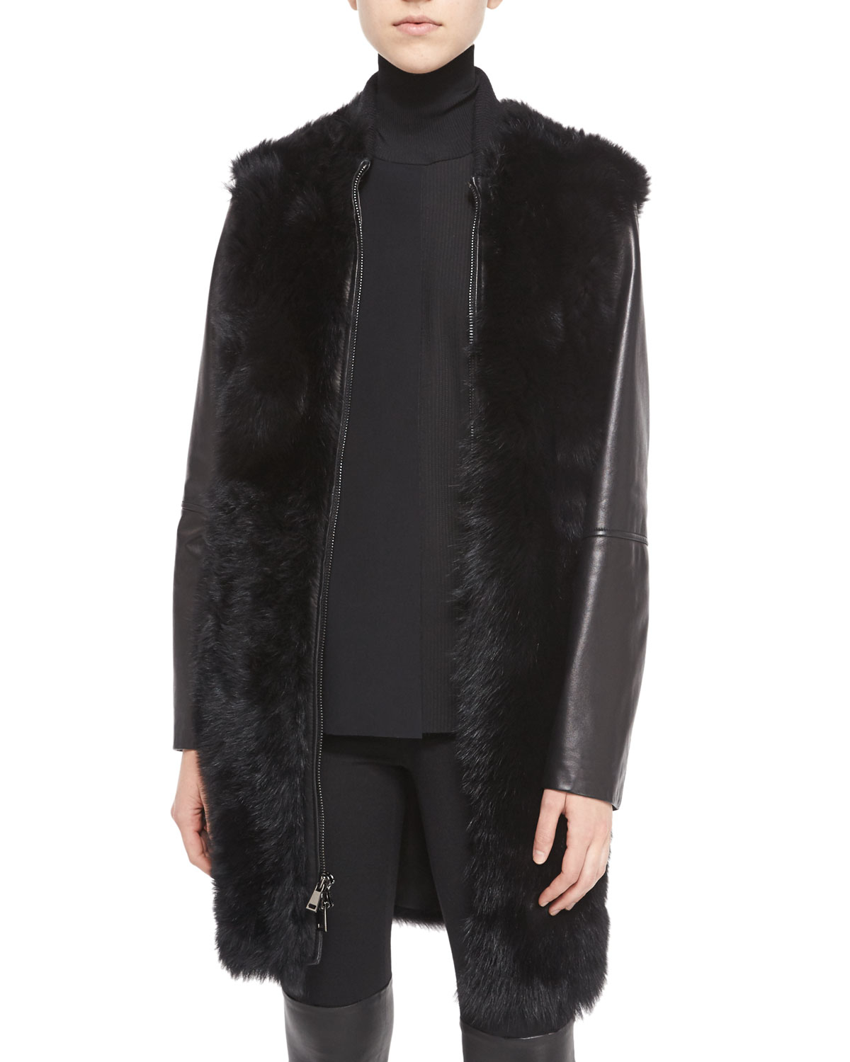Lyst - Vince Leather-sleeve Shearling Fur Coat in Black