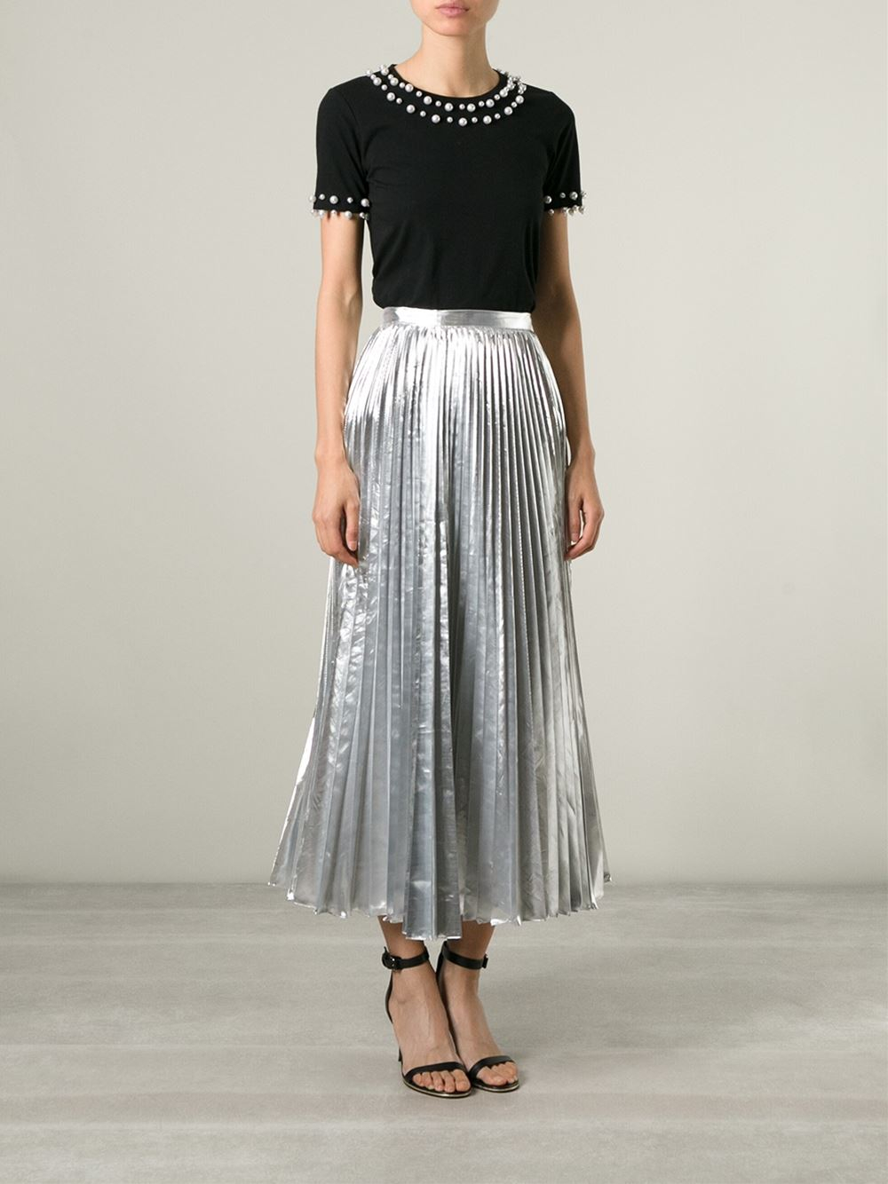 Dkny Pleated Maxi Skirt In Silver Metallic Lyst 