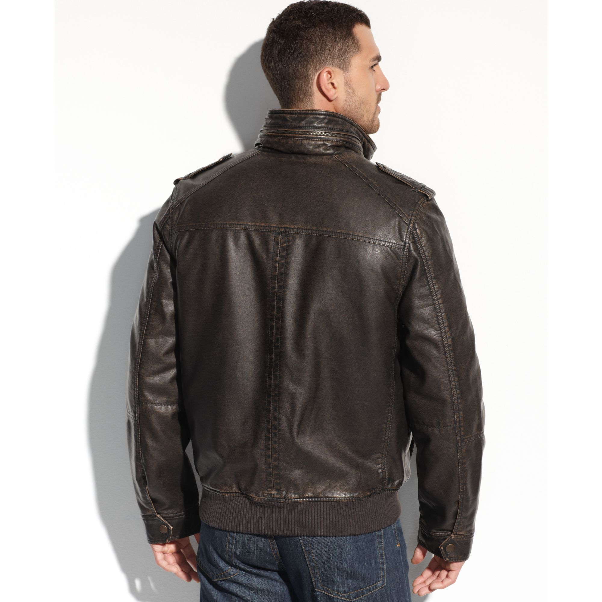 Tommy hilfiger Faux Leather 4-Pocket Military Bomber Jacket in Brown ...