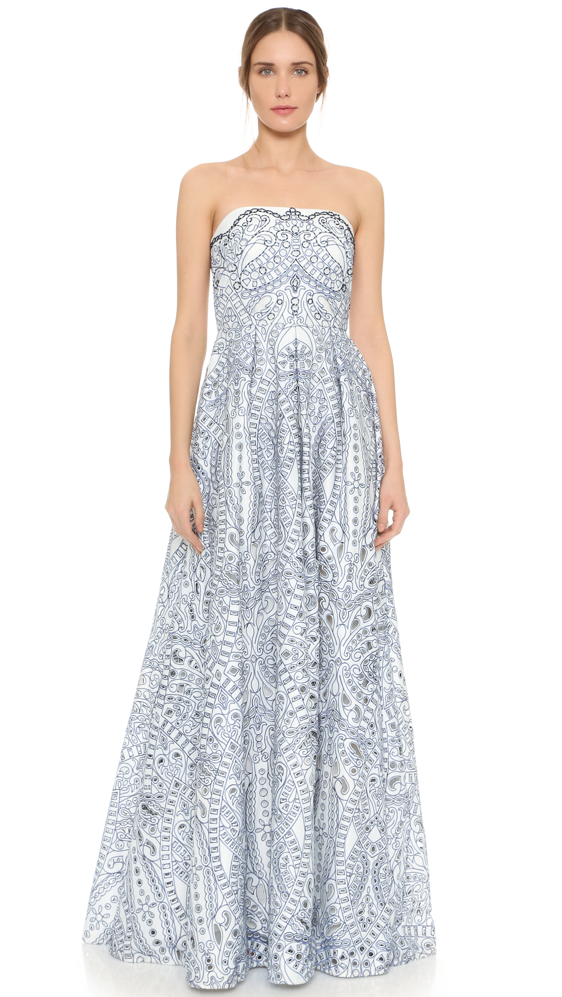 Lyst Notte By Marchesa Mosaic Strapless Lace Gown In Blue Gallery