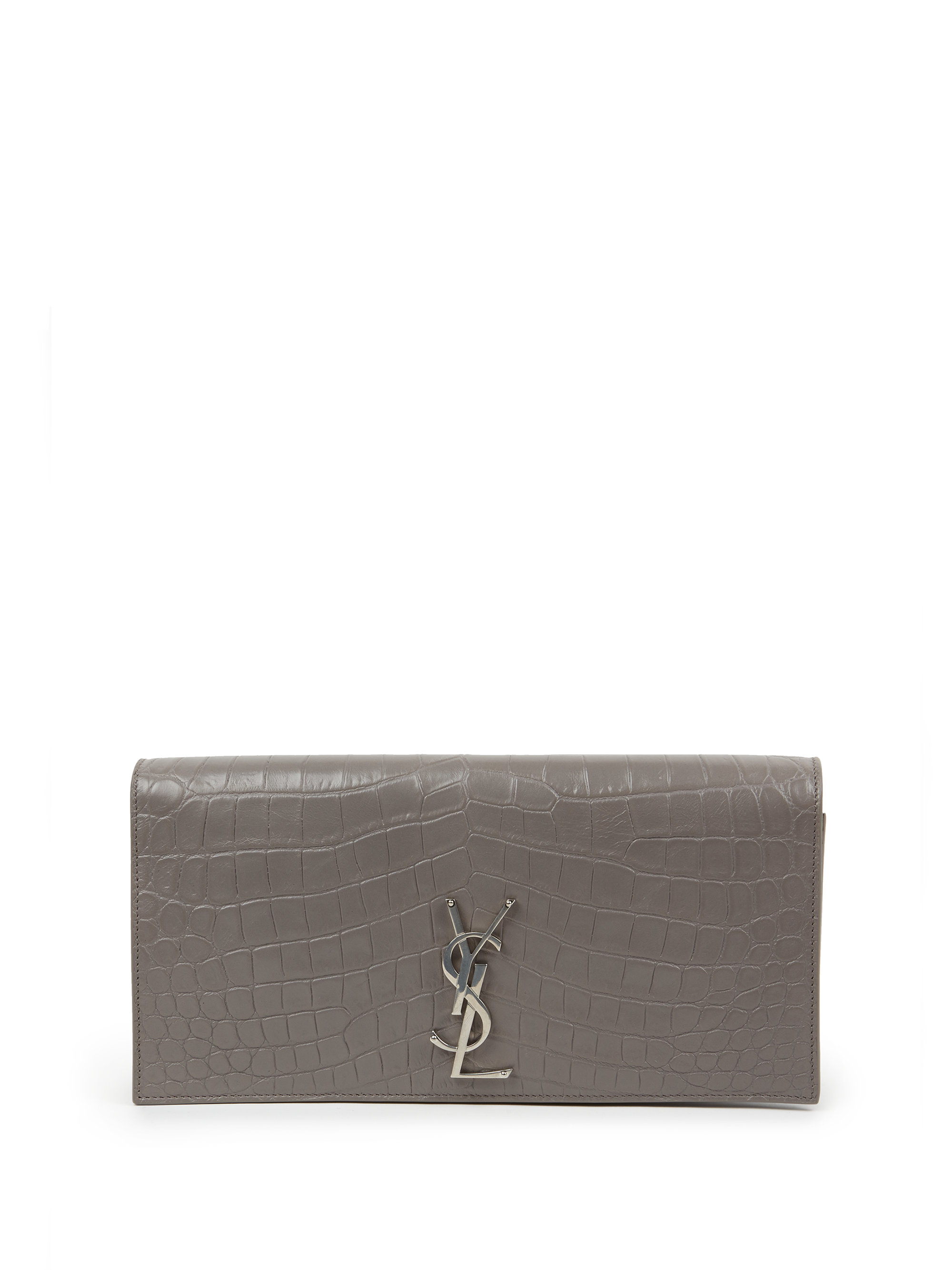 Saint laurent Monogram Crocodile-embossed Leather Clutch in Gray ...