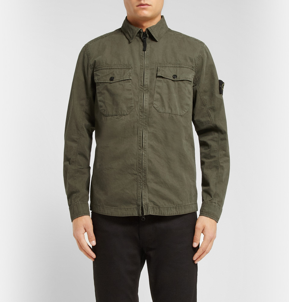 Lyst - Stone Island Zipped Washed Cotton Overshirt in Green for Men