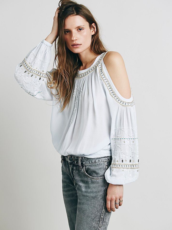 Lyst - Free People Womens Embellished Banded Open Shoulder Top in Blue