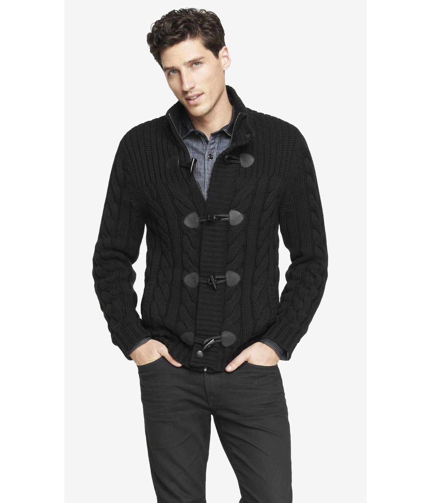 Lyst Express  Cable Knit Mock Neck Toggle Front Cardigan  