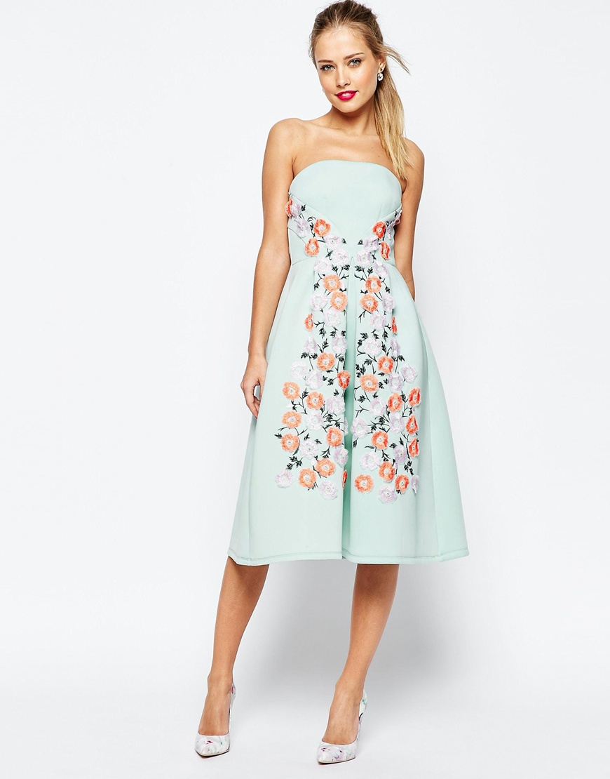 Asos Salon Floral Embroidered Bandeau Midi Prom Dress  in 