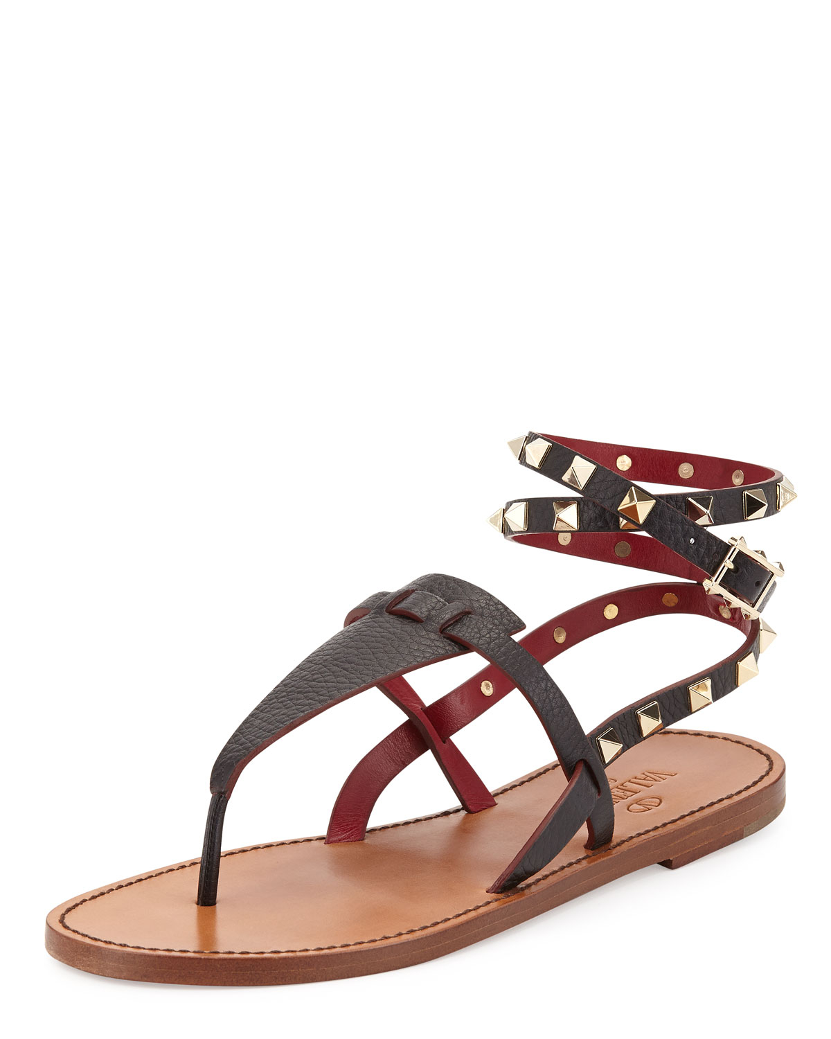 Valentino Rockstud Ankle-Wrap Thong Sandal in Black | Lyst