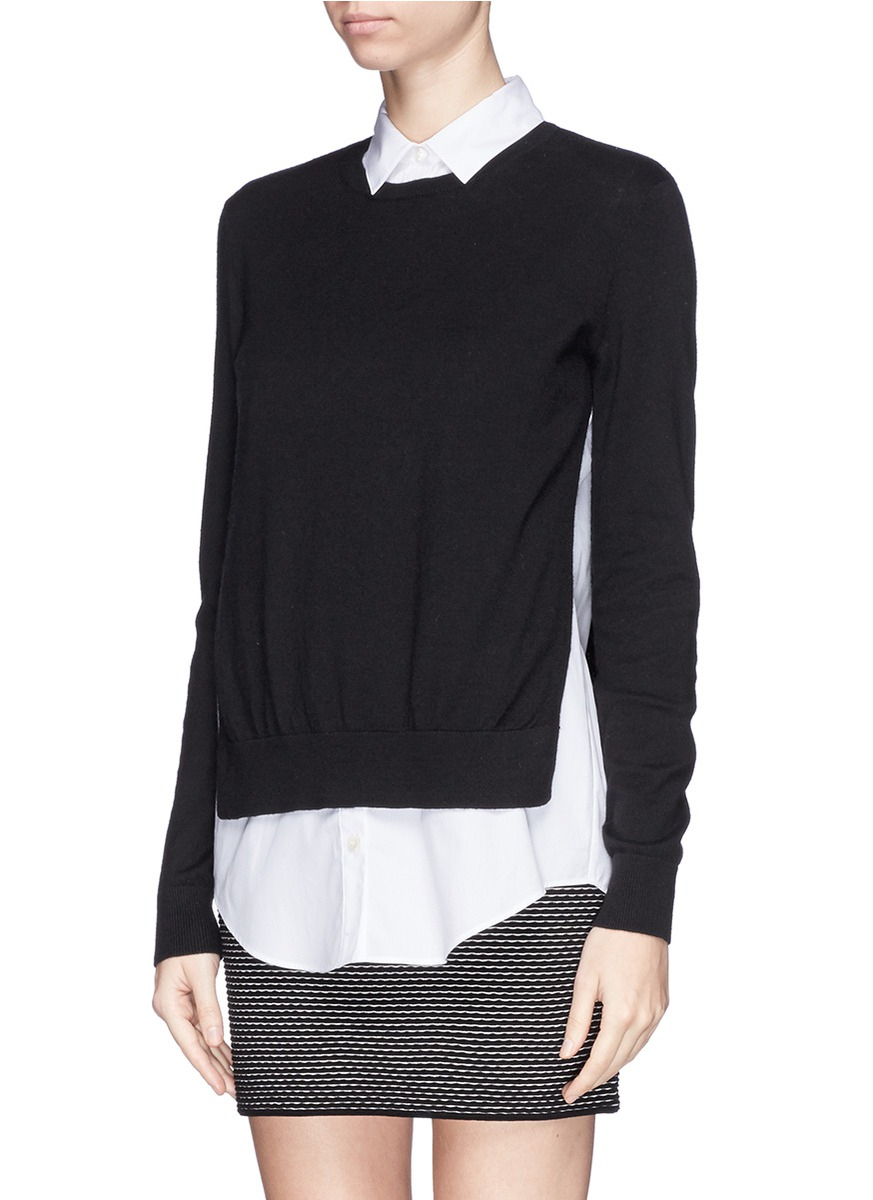 Theory 'deverlyn' Poplin Shirt Combo Cashmere Sweater in Black | Lyst