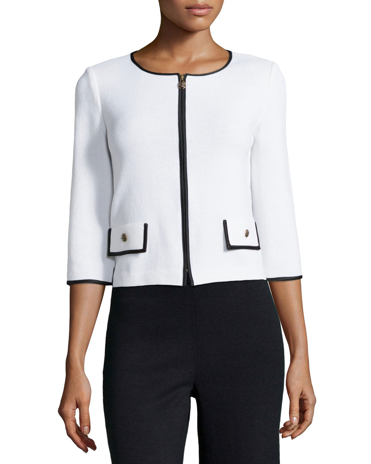 St. john Three-Quarter-Sleeve Zip-Front Jacket in White | Lyst