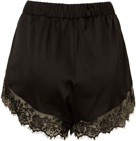 Topshop Satin Shorts with Lace Trim By Oh My Love in Black | Lyst