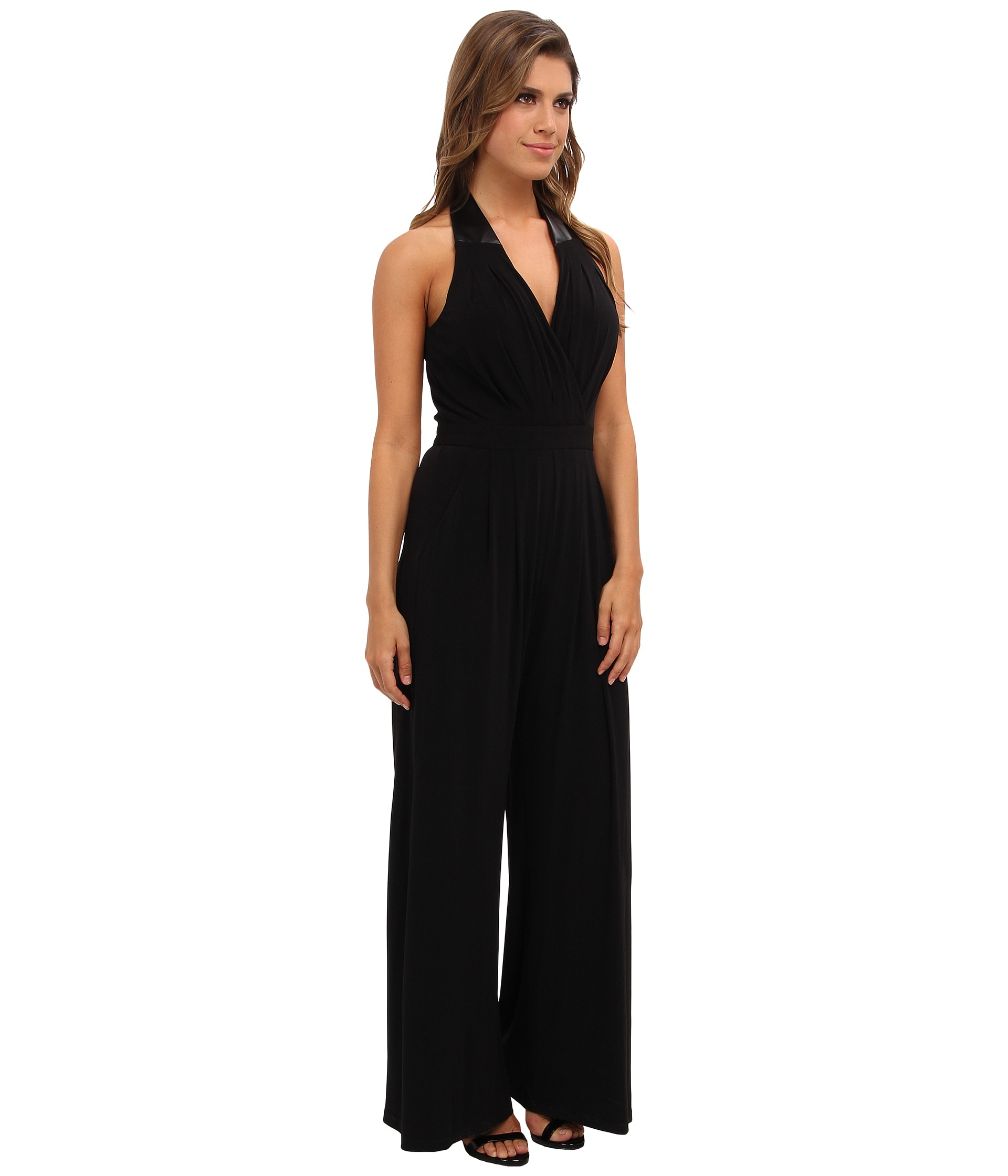 Vince camuto Pleated Halter Jumpsuit W Pleather At Neck in Black | Lyst