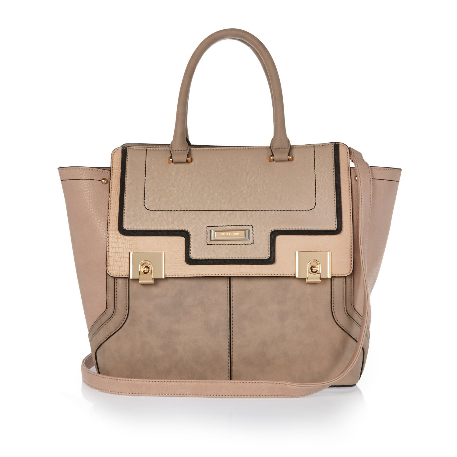 River Island Brown Paneled Double Lock Tote Bag - Lyst