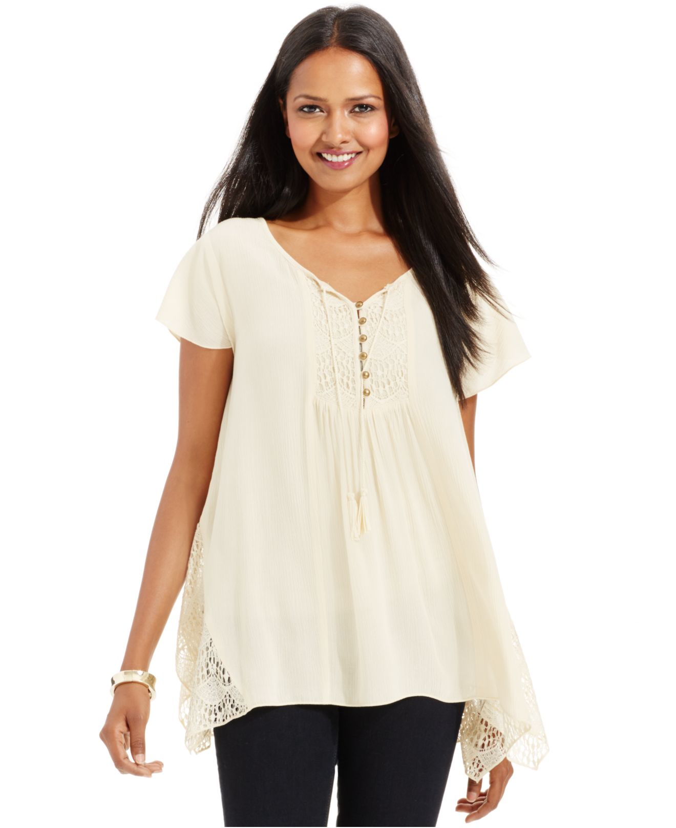 Lyst - Style & Co. Lace-inset Peasant Blouse in White