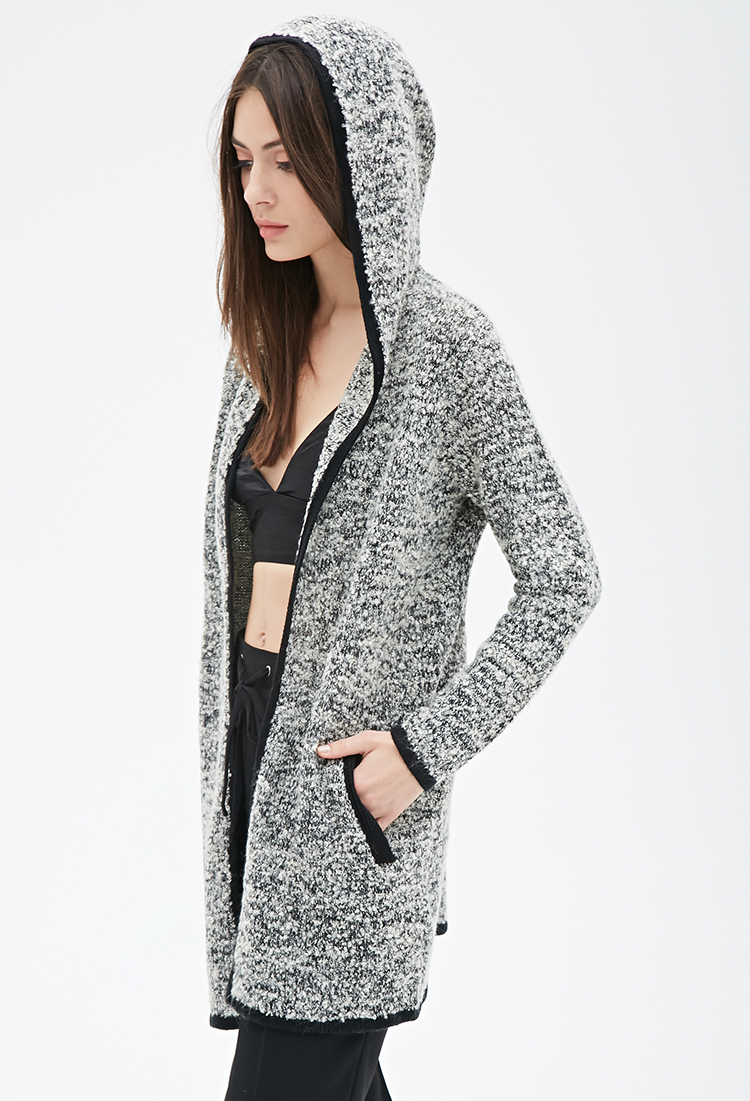 Forever 21 Marled Longline Hooded Cardigan in Black | Lyst
