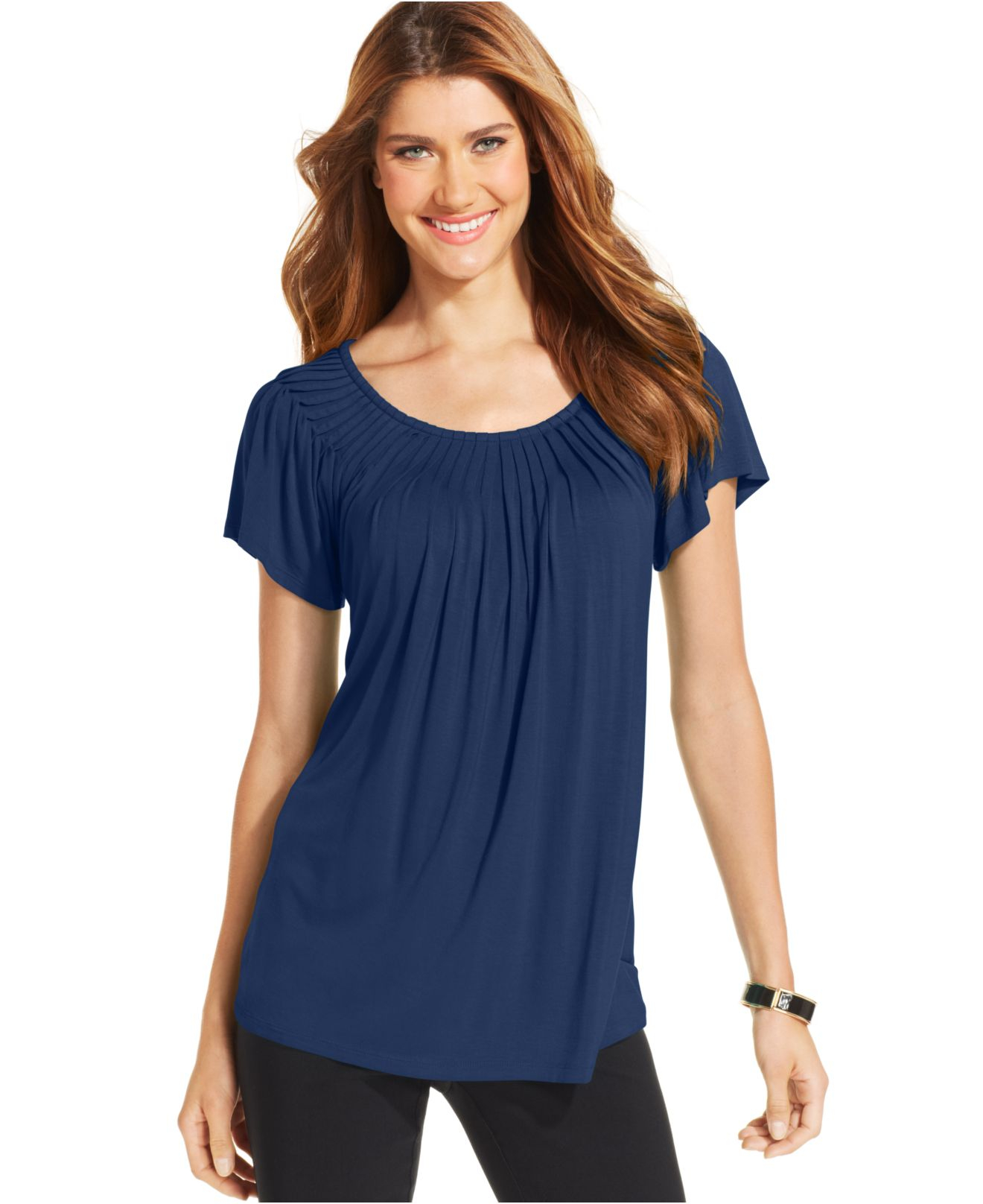 Lyst Style And Co Solid Pleated Neck Top In Blue