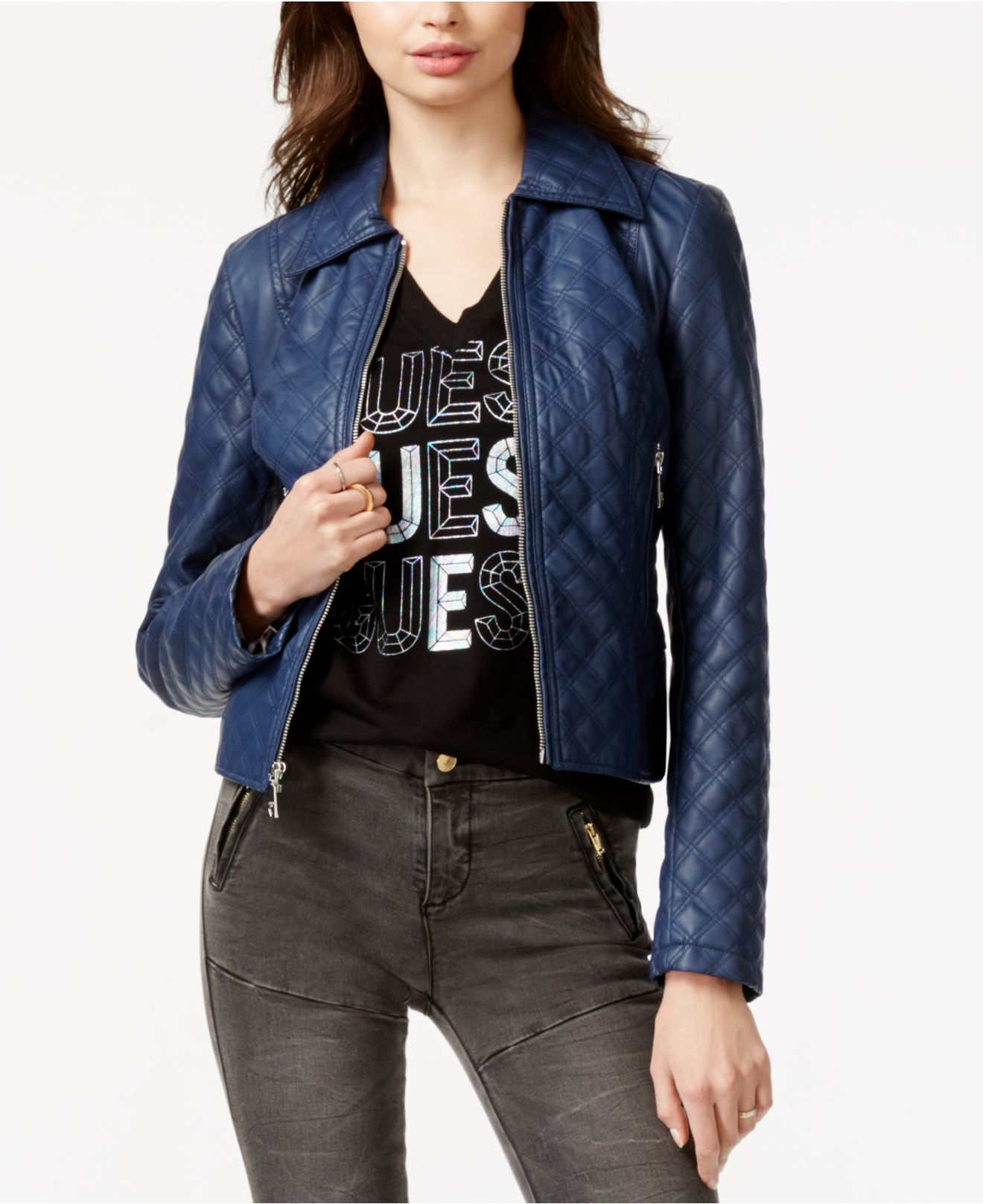 Guess Penny Quilted Faux Leather Jacket In Blue Lyst Featured Guess Blue Penny Quilted Faux Leather Jacket